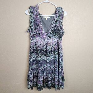 Jenny Han Purple Black and Green Abstract Floral Print Mini Dress Medium (4752)